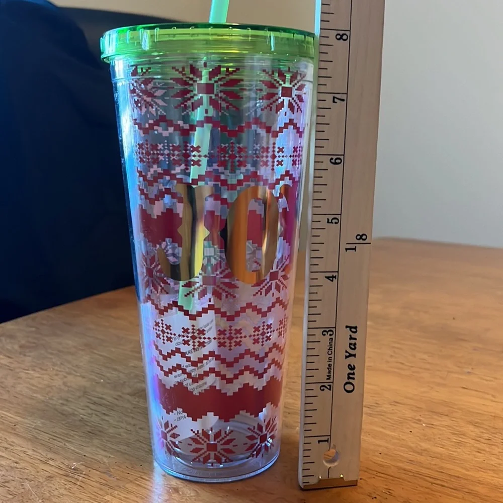 Double Wall Insulated Tumbler “JOY” with green top/straw, red knit patten